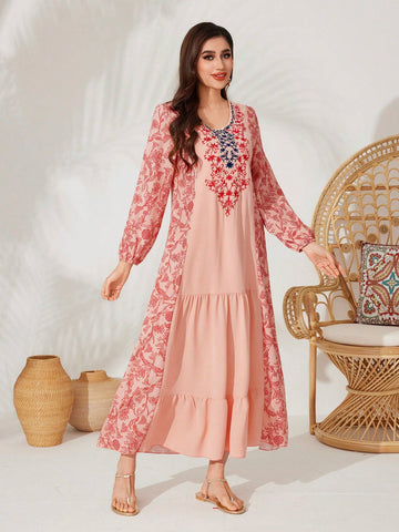 Women's Floral Printed Lantern Sleeve Arabian Dress