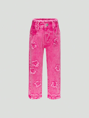 Young Girl Pink Star Embroidery Denim Pants