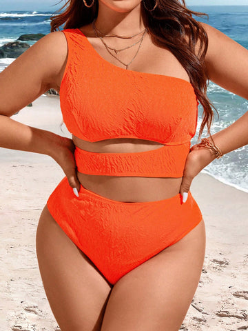 Plus Size Monochrome Asymmetric Neckline Bikini Top And Swimsuit Set With Swim Shorts