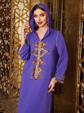 Women's Hooded Arabic Embroidery Rhinestone Decoration Djellaba Dress
