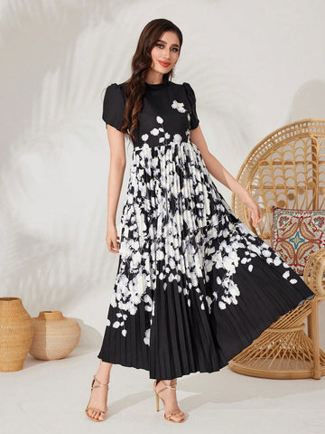 Women's Floral Print Puff Sleeve Pleated Abaya Dress