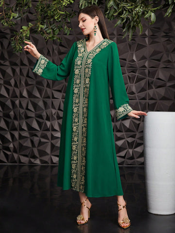 Turkish Style Long Sleeve Dress With Flower Appliques
