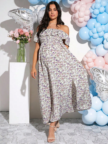 Maternity Women's Elegant Party Off-Shoulder Ruffle Maxi Dress
