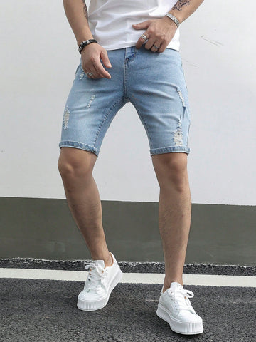 Men's Light Blue Distressed Denim Shorts With Washed Effect