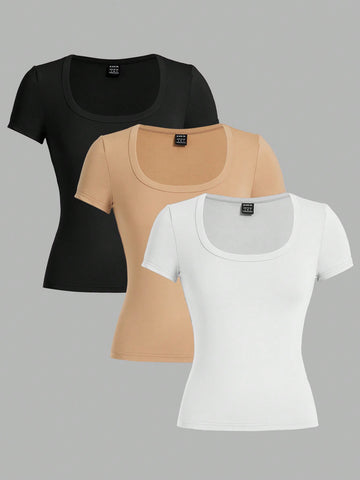 Women's Basic Solid Color Round Neck Slim Fit T-Shirt