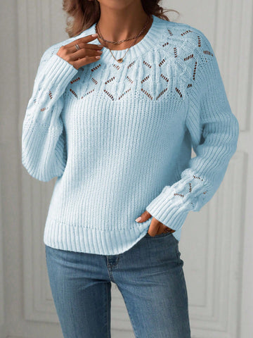 Ladies' Solid Color Hollow Out Splice Sweater