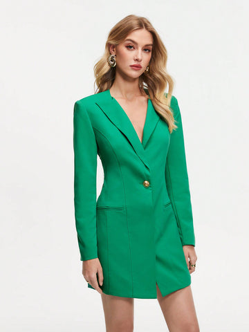 Ladies' Single-Breasted Solid Color Long Sleeve Dress With Suit Collar