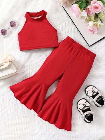 Baby Girl Fashionable & Comfortable Halter Neck Top And Wide-Leg Simple Flared Pants Set