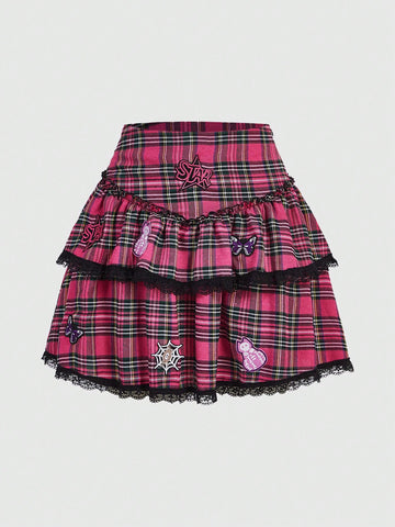 Plaid & Cake & Lace & Star & Skull & Slogan & Butterfly & Spider Web & Checkered Design Women's A-Line Skirt