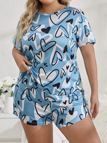 Plus Size Blue Heart Print Short Sleeve T-Shirt And Shorts Pajama Set 2pcs
