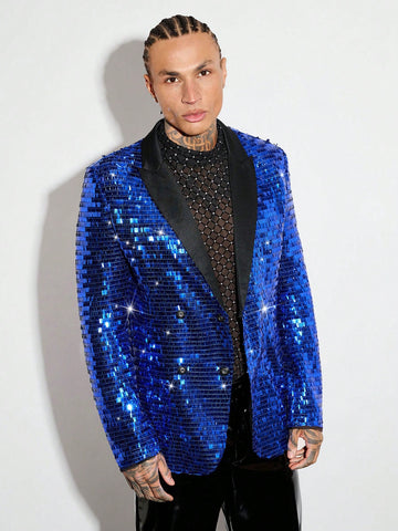 Men's Casual Prom Party Blazer, Suit Jacket With Color Blocking And Glitter Details