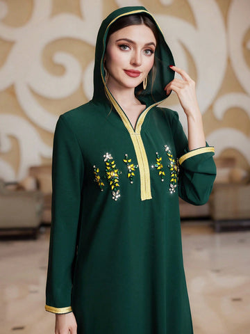 Women's Hooded Arabic Style Dress With Rhinestone Decoration