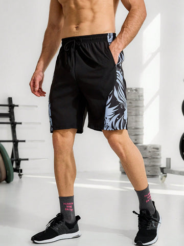 Men's Drawstring Waist Sports Shorts With Color Block Design