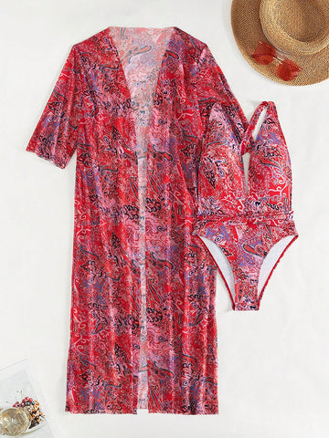 Women's Printed One-Piece Swimsuit With Matching Long Robe, Random Print