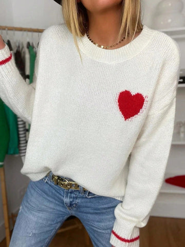 Women's Heart Pattern Drop Shoulder Long Sleeve Sweater