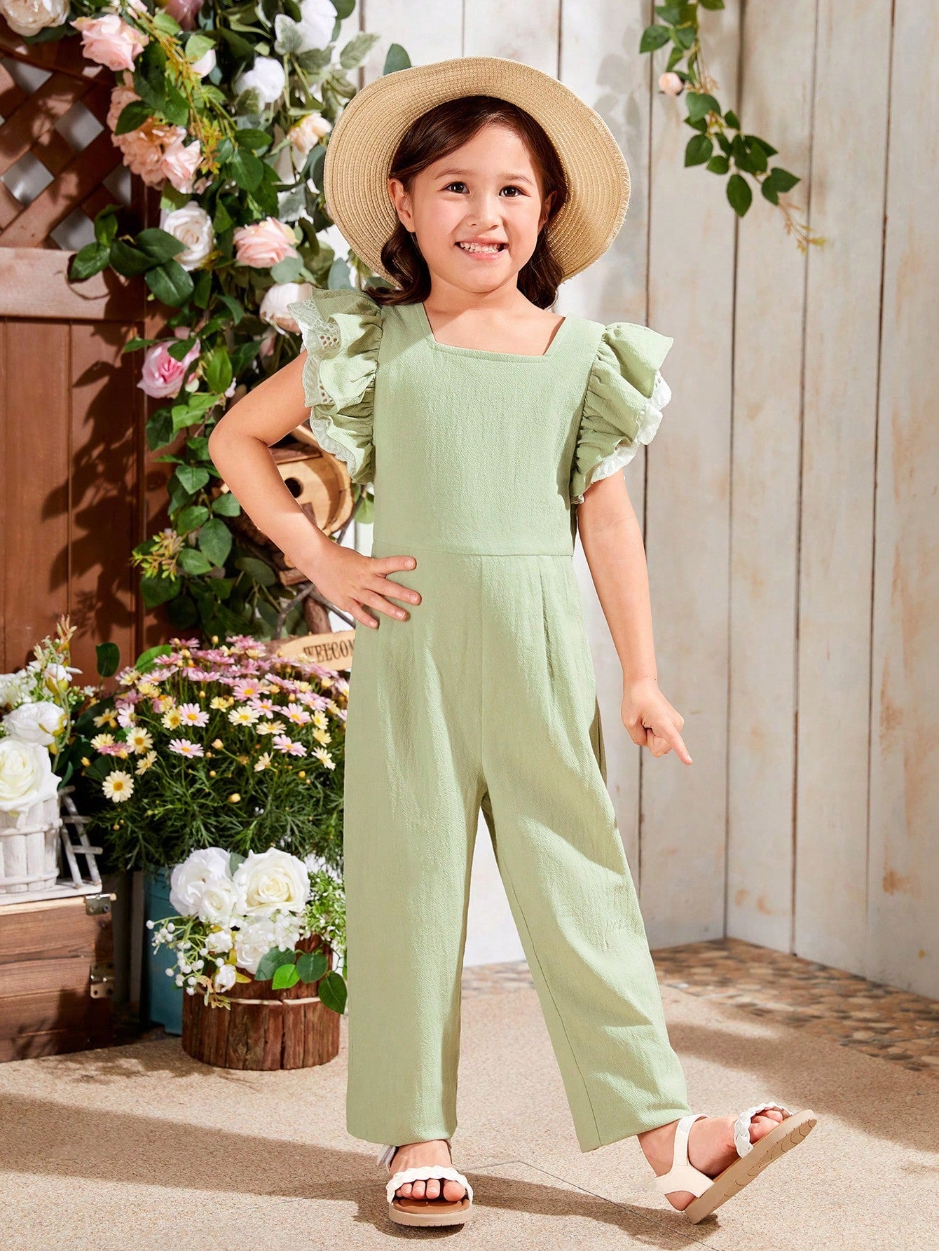 Young Girl's Square Neck Ruffle Sleeve Back Zipper Jumpsuit