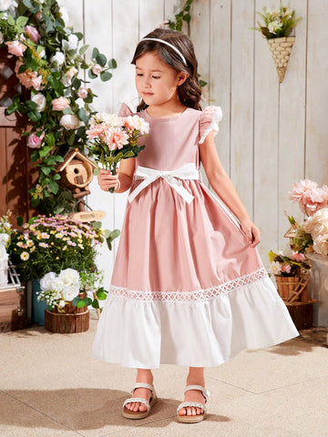 Young Girl's Round Neck Double Layer Flying Sleeve Dress With Color Block Flower Borders On Skirts