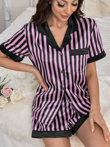 Women's Striped Short Sleeve Shirt And Shorts Pajama Set