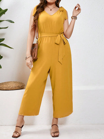 Plus Size Casual V-Neck Sleeveless Jumpsuit With Shoulder Straps, Belted Waist, In Yellow Color For Summer Work & Leisure