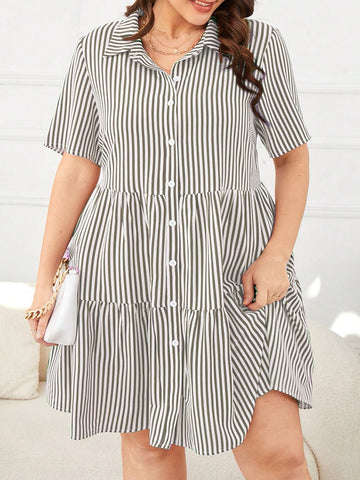 Plus Size Women's Short Sleeve Striped Shirt Dress