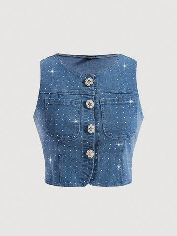 Sweet & Vintage Blue Crop Denim Vest With Pearl Button And Rhinestone Decoration For Women