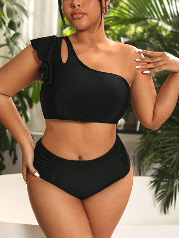 Plus Size Monokini Swimsuit Set With Hollow Out Detail, One Shoulder And Ruffled Hem