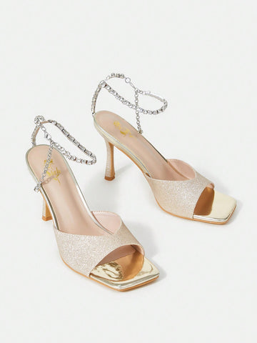 Square Toe Chain Detail Stiletto High Heel Sandals Glitter For Women