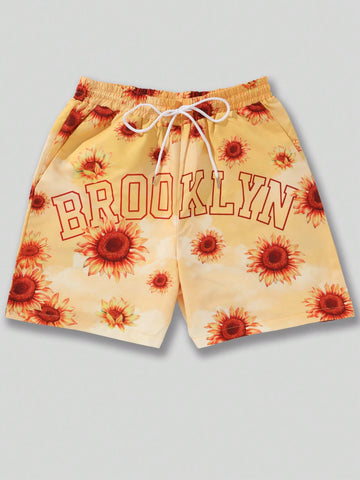 Men's Sunflower Printed Shorts, Suitable For Daily Wear In Spring And Summer