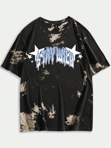 Men's Street Fashion Tie Dye & Letter Printed Round Neck T-Shirt, Suitable For Casual Wear In Spring And Summer