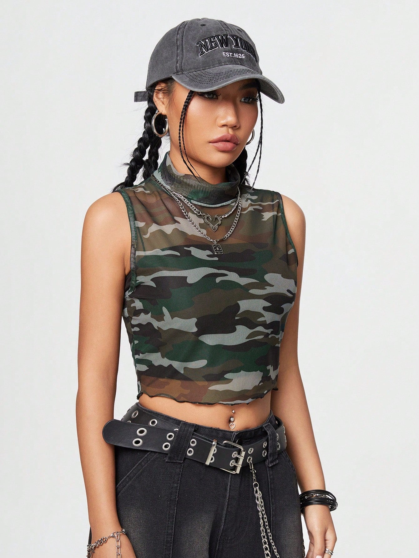 Camouflage Stand Collar See-Through Mesh Tank Top
