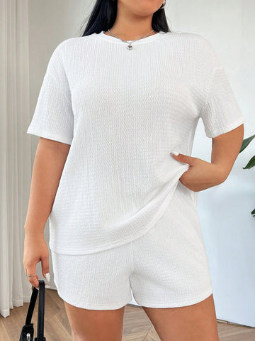 Plus Size Casual Round Neck Drop Shoulder Sleeve T-Shirt And Shorts Set For Vacation