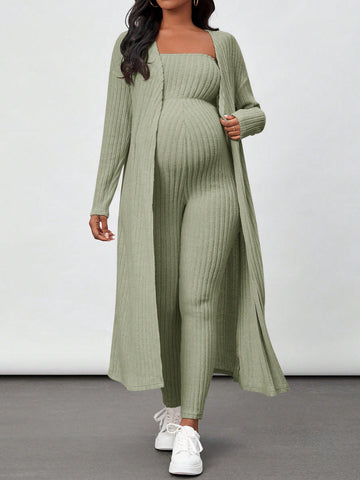 Maternity Solid Color Long Sleeve Jacket And Strapless Jumpsuit Set