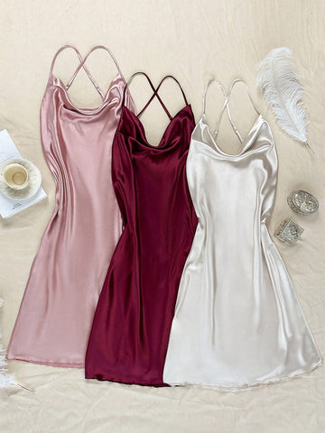 Plus Size Single Color Cowl Collar Backless Side Split Imitation Silk Nightdress Set, Multiple Pieces