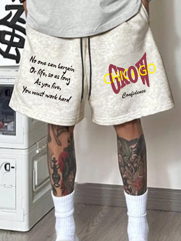 Men's Slogan Printed Drawstring Waist Baggy Shorts