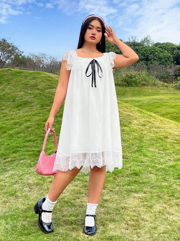 Plus Size Women's Lace Bowknot A-Line Loose White Dress