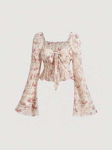 Women's Floral Print Sweetheart Collar Tie Blouse