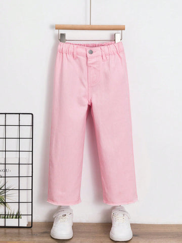 Young Girl's Basic Daily Raw Hem Loose Wide Leg Jeans