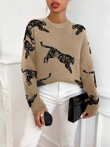 Women's Leopard Pattern Drop Shoulder Sweater