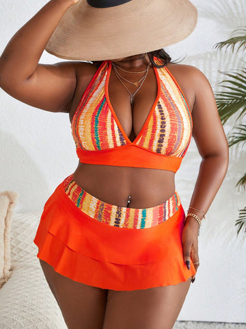 Plus Size Women's Colorful Stripe Halterneck Swimsuit Set