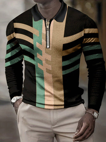 Men's Contrast Color Long Sleeve Polo Shirt