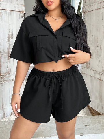 Plus Size Cut Out Front Short Sleeve Shirt And Shorts Set With Flap Pockets