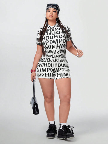 Women's Plus Size Black And White Letter Print Jumpsuit
