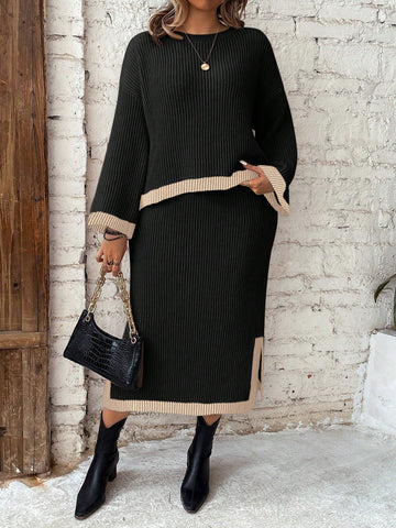 Plus Size Women's Color Block Drop Shoulder Long Sleeve Sweater And Split Hem Skirt Set