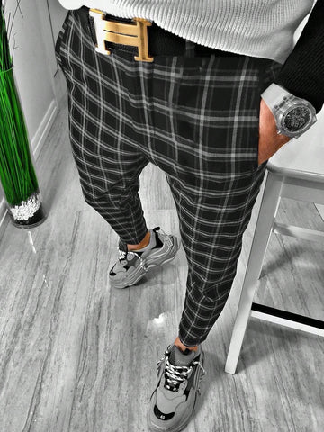 Men's Tapered Checked Printed Suit Pants