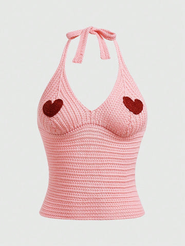 Summer Crochet Beach Women's Heart Pattern Lace Up Back Knitted Halter Top