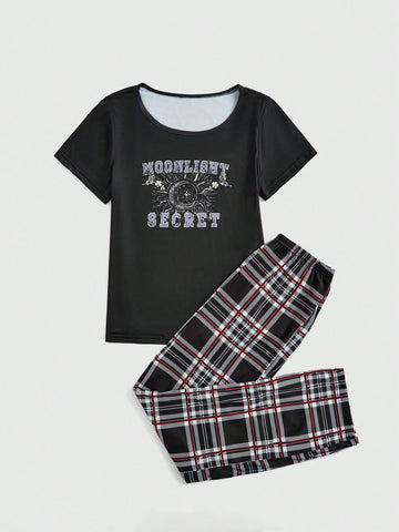 Women's Gothic Style Pajama Set With Dark Moon, Stars, Letters, Gingham And Digital Print Short Sleeve Top And Pants