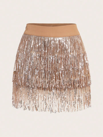 Summer Spring Outfits Music Festival & Party Outfits Ladies" Two-Tone Fringed Sequined Multi-Piece Short Skirt