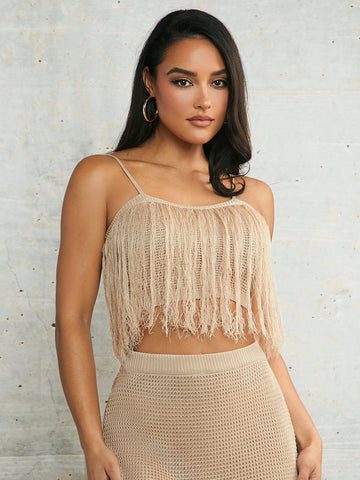 Island Girl  Crochet Cover Up Apricot Linen Crocheted Fringed Tube Top Holiday Beach Halter Top Crocheted Vest
