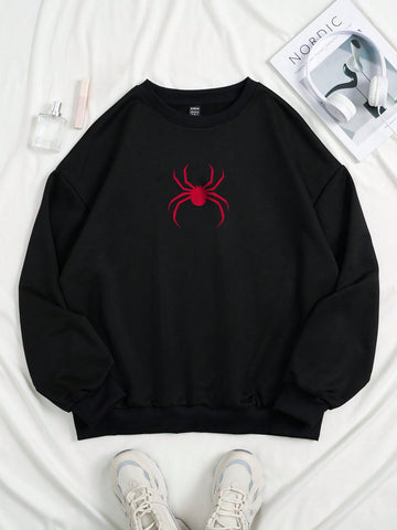 Women's Oversized Spider Print Round Neck Sweatshirt With Dropped Shoulder In Plus Size