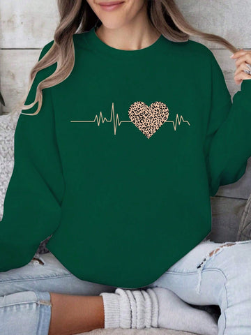 Women's Heart Shaped Leopard Printed Long Sleeve Sweatshirt